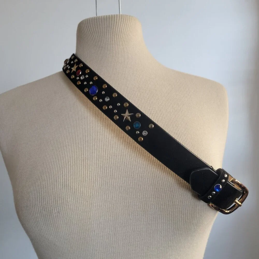 Rhinestone Star-Studded Black Velvet Metal Disco Glam Rocker Belt (Size: S/M)